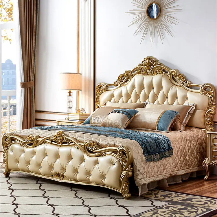 Customized Luxury Soft Bed European Carved Design Leather King Bed Royal Golden Double Bed Bedroom Furniture Set