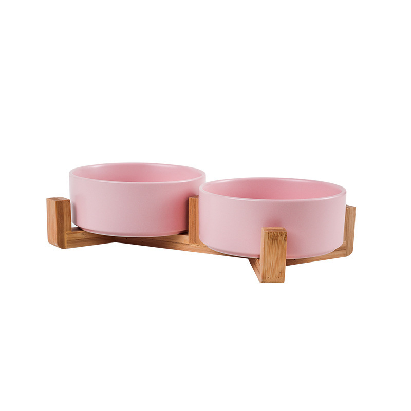 Double bowl wooden frame straight mouth ceramic pink 2