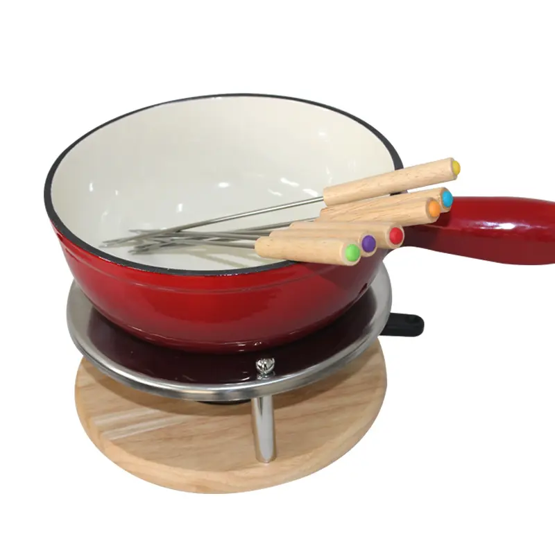 Juego de Fondue de queso con revestimiento de esmalte hogareño, olla de leche portátil, caja de Color con logotipo personalizado de Metal, hierro fundido, moderno y sostenible