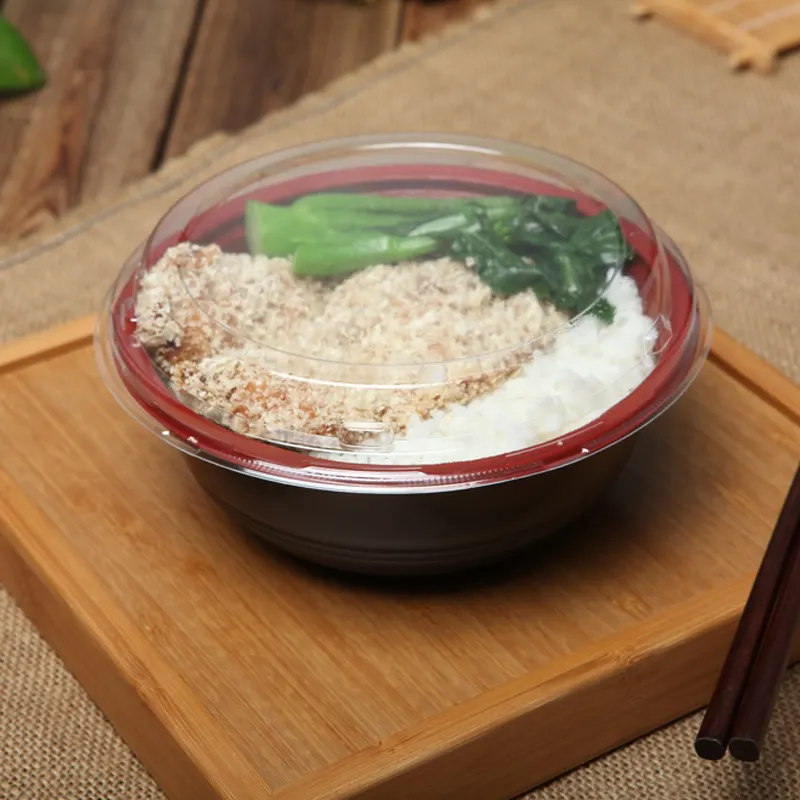Einweg-Nudel salats uppe Reis frucht mischung Ess-Set Togo Verpackung schwarz PP Kunststoff japanische Ramen Schüssel mit klarem Deckel