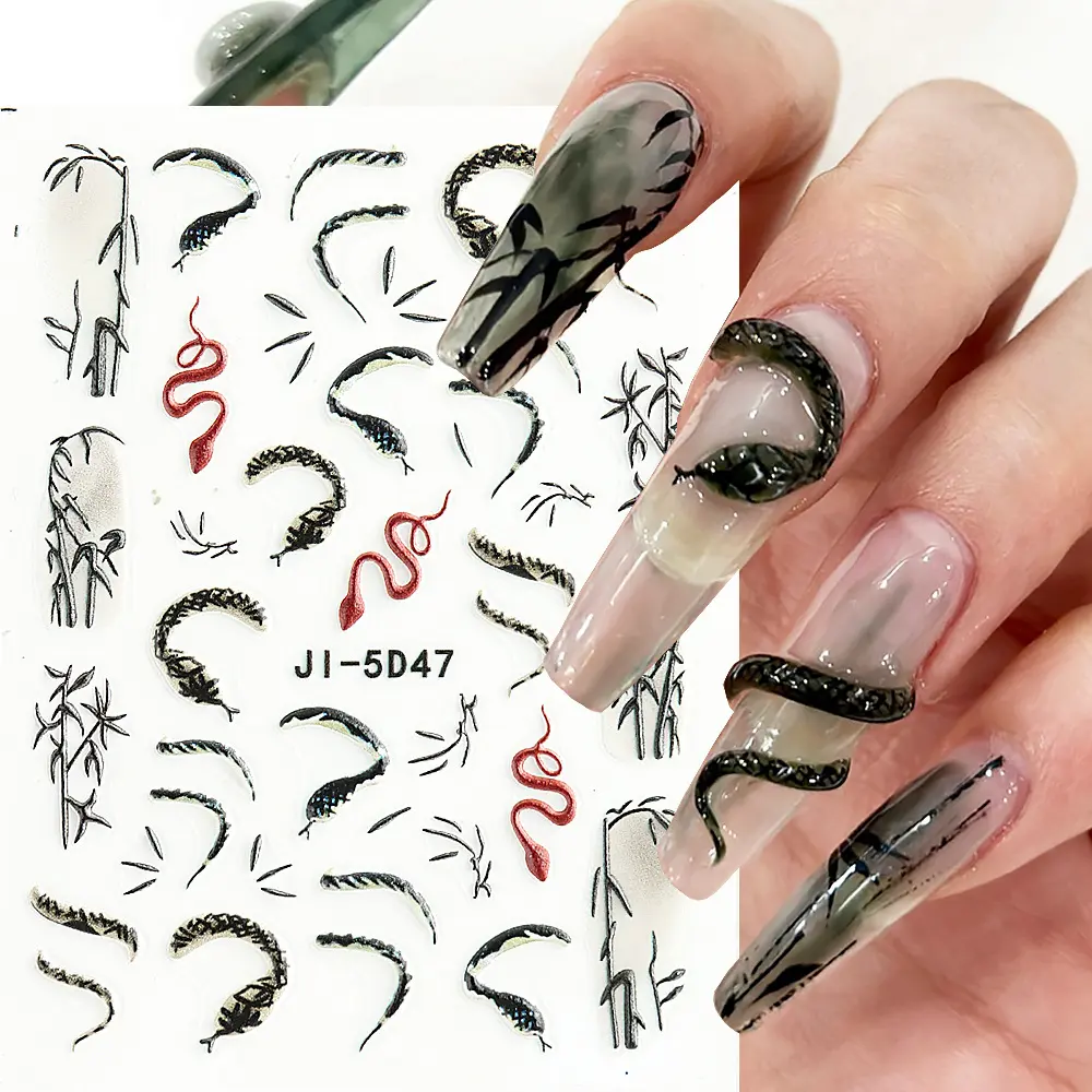 Adesivi per unghie serpente 5D nero verde rosso serpente foglia di bambù disegni tatuaggio cursore in rilievo smalto Gel decalcomania decorazione Manicure