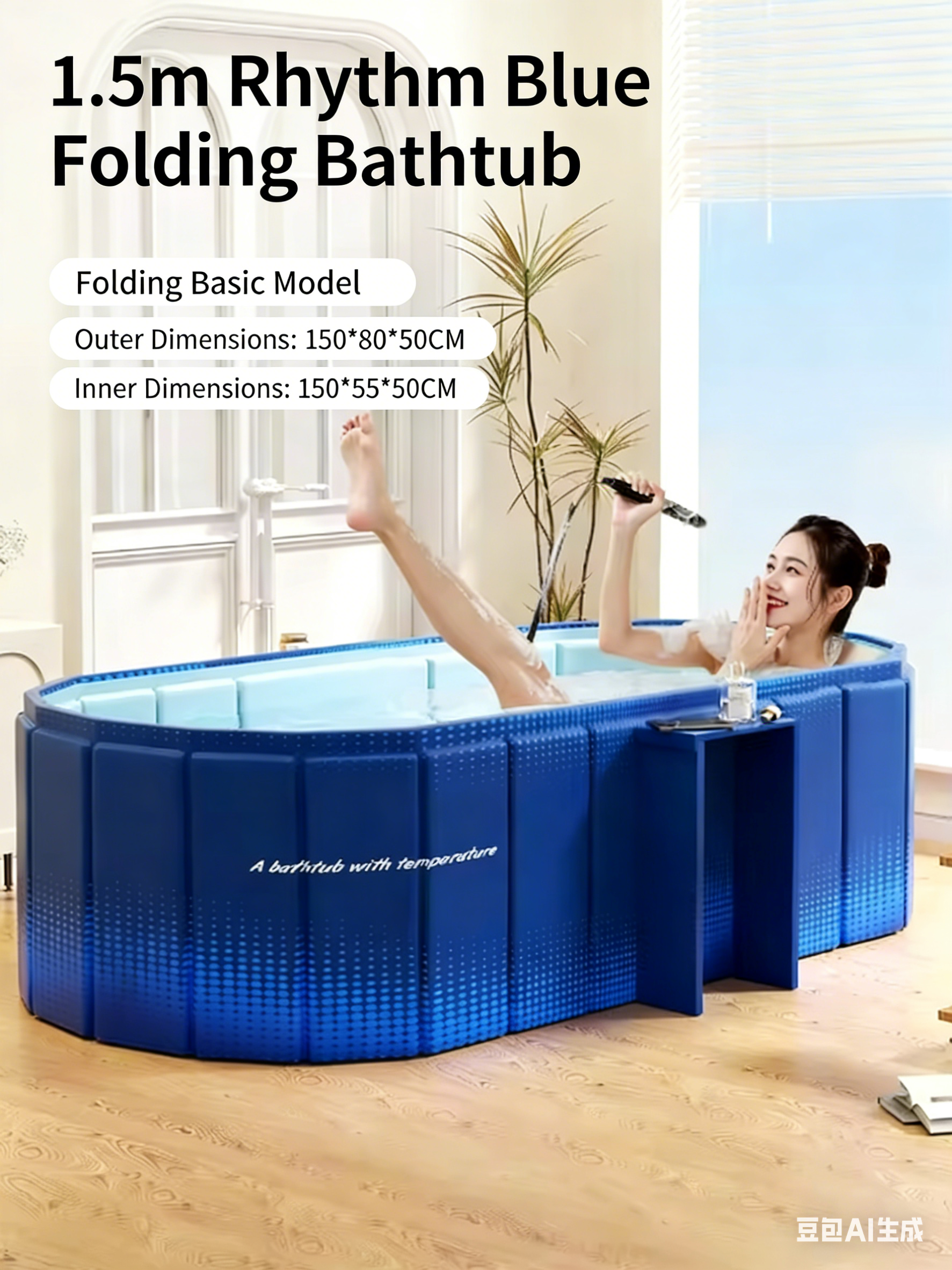 Baignoire pliante bleu rythme de 1,5 m avec étagère de rangement intégrée