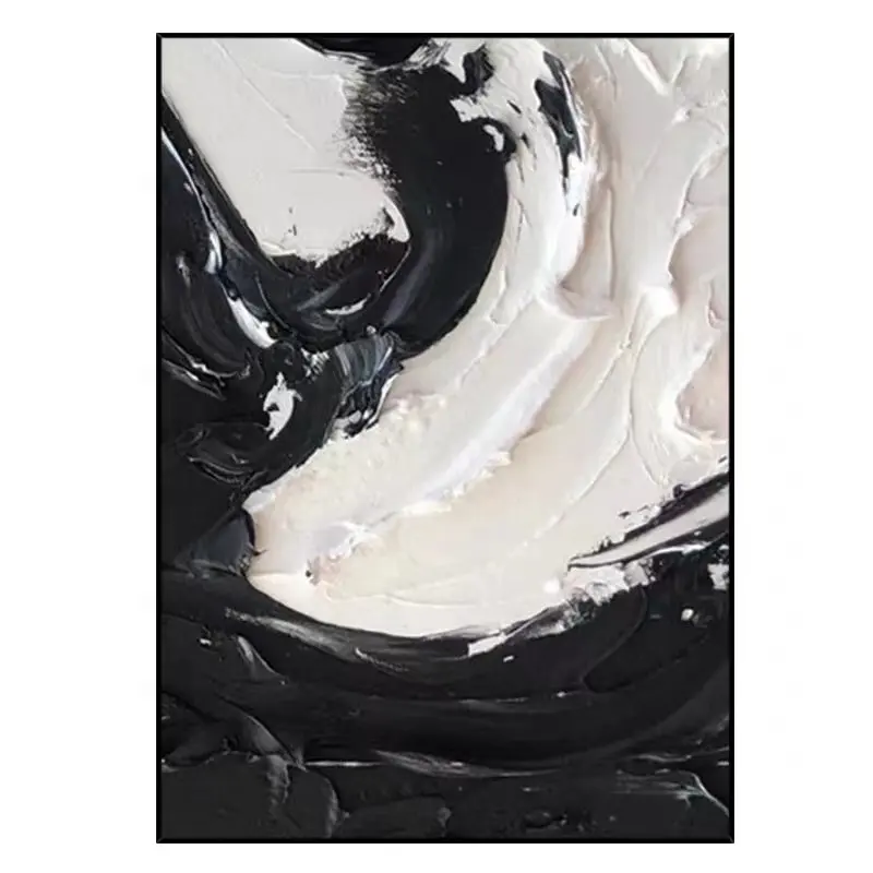 Peinture abstraite en relief 3D à l'huile sur toile moderne à la main Texture lourde en noir et blanc encadrée avec MDF décoration murale arrière