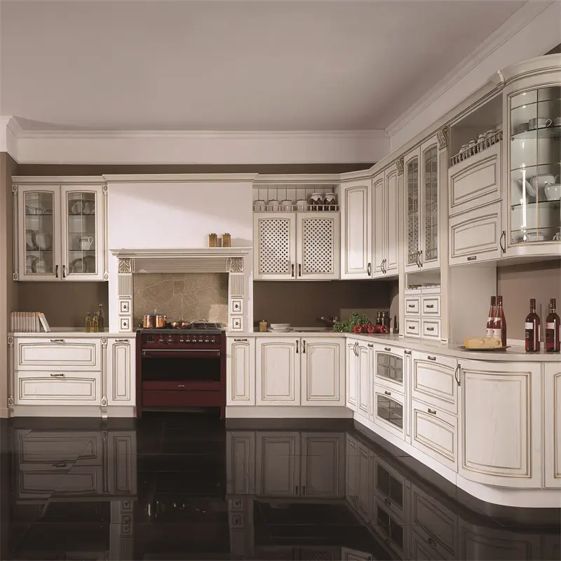 Muebles de cocina modulares de madera maciza de lujo, estilo europeo, de diseño moderno, armario de cocina de madera blanca