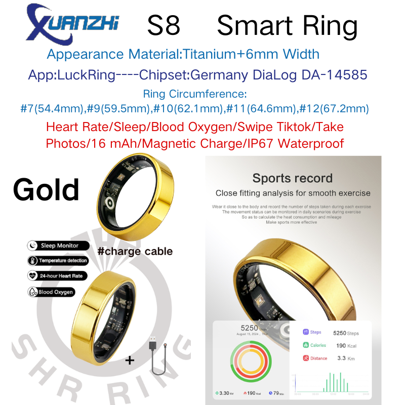 Bague intelligente dorée Xuanzhi-S8-santé-sommeil-remise en forme