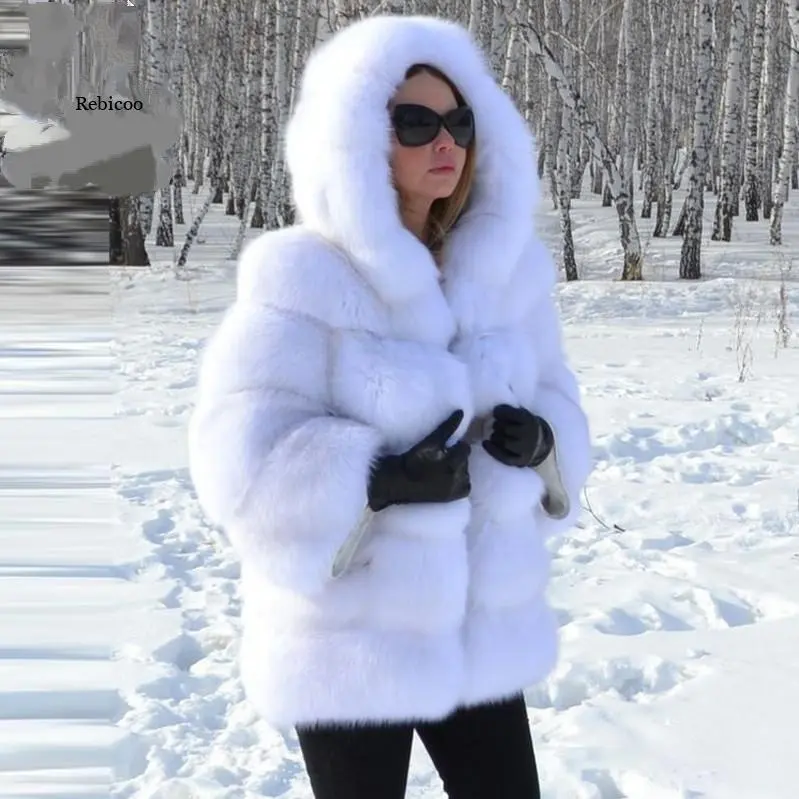 Женское зимнее пушистое пальто RHG из искусственного меха, большие размеры, меховые куртки с капюшоном, белые утепленные меховые пальто с длинным рукавом, зимняя женская верхняя одежда