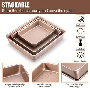 3-Piece Deep Nonstick Steel Oven <strong>Baking</strong> Pans Set Rectangular Cake Pan Metal Bakeware Gold Roasting Oven Use Commercial Food - Product Image 4