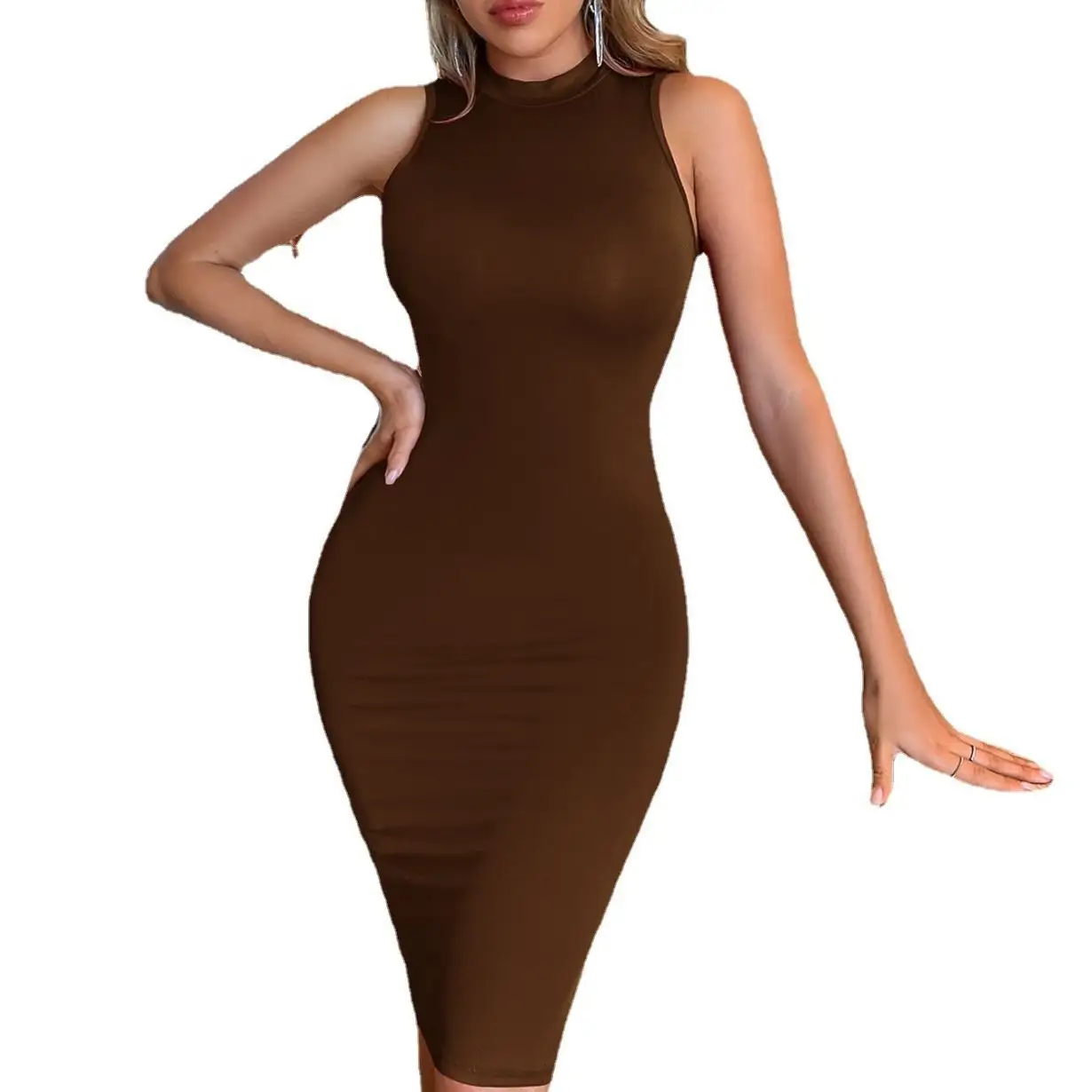 2023 yaz düz renk ayakta yaka asılı boyun tipi uzun etek örme seksi bel hava yastığı kalça elbise kadın