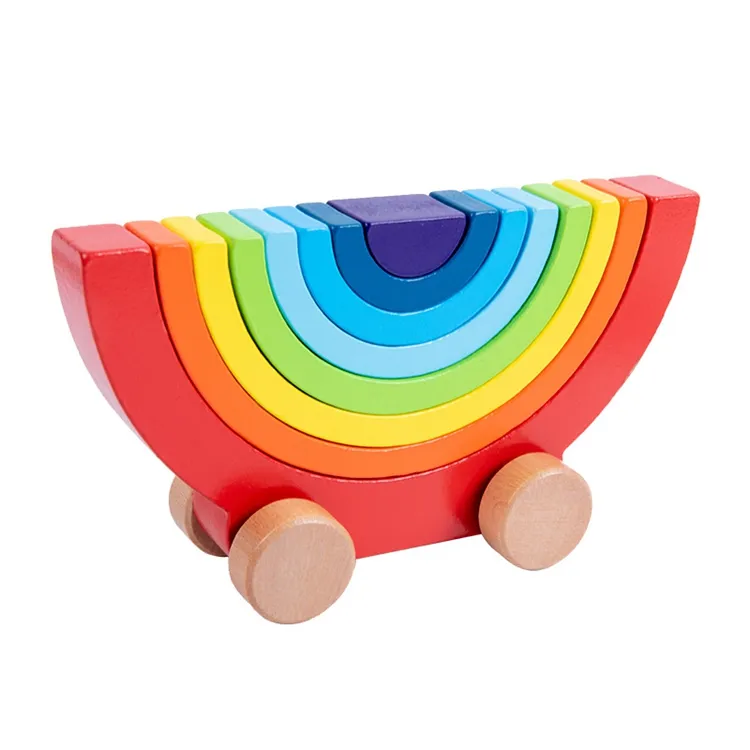 QINGTANG-apilador de arcoíris de madera, bloques de apilamiento, juego de mesa de coche de arcoíris para niños pequeños