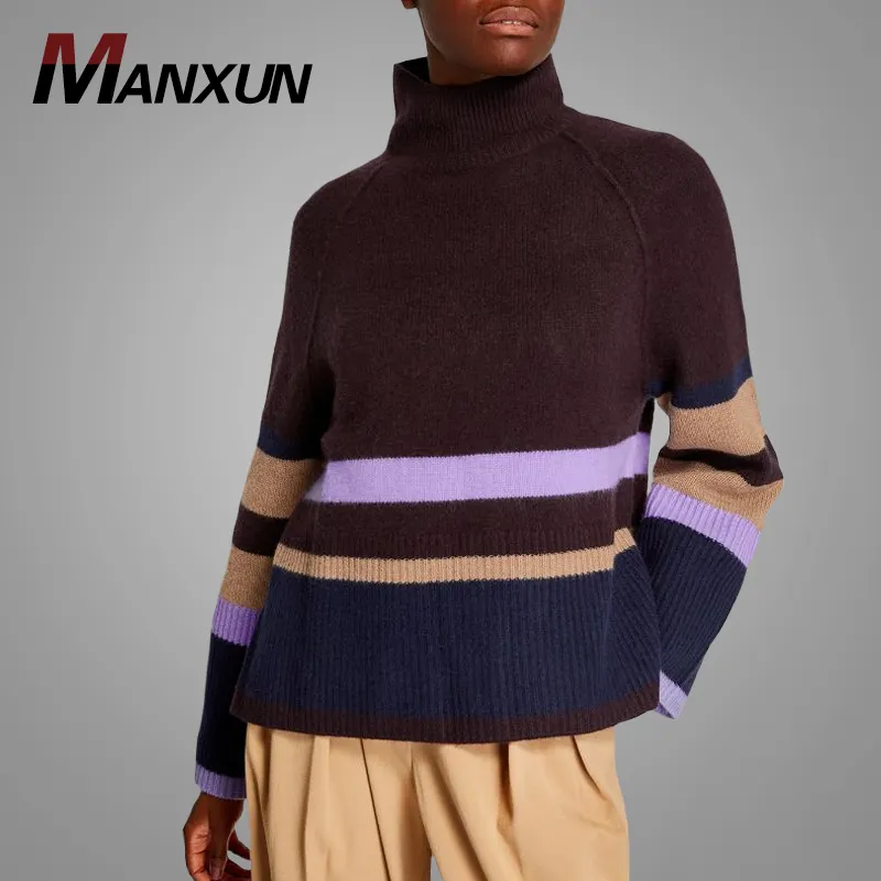 Élégant hiver dame porter belle mode couleur bloc à manches longues pull hauts col haut tricot Blouse vêtements en ligne