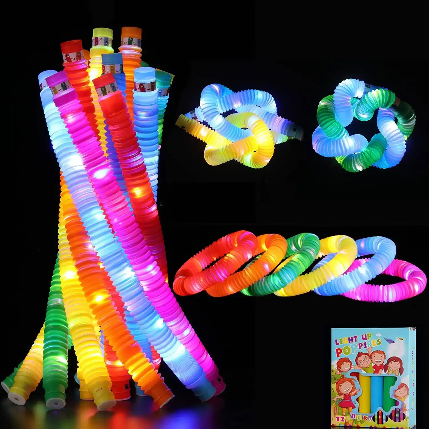 Cool Bendable Led Light Up Pop Tube Fidget Sensory Toys Sets Magic Pop Tubes With Light