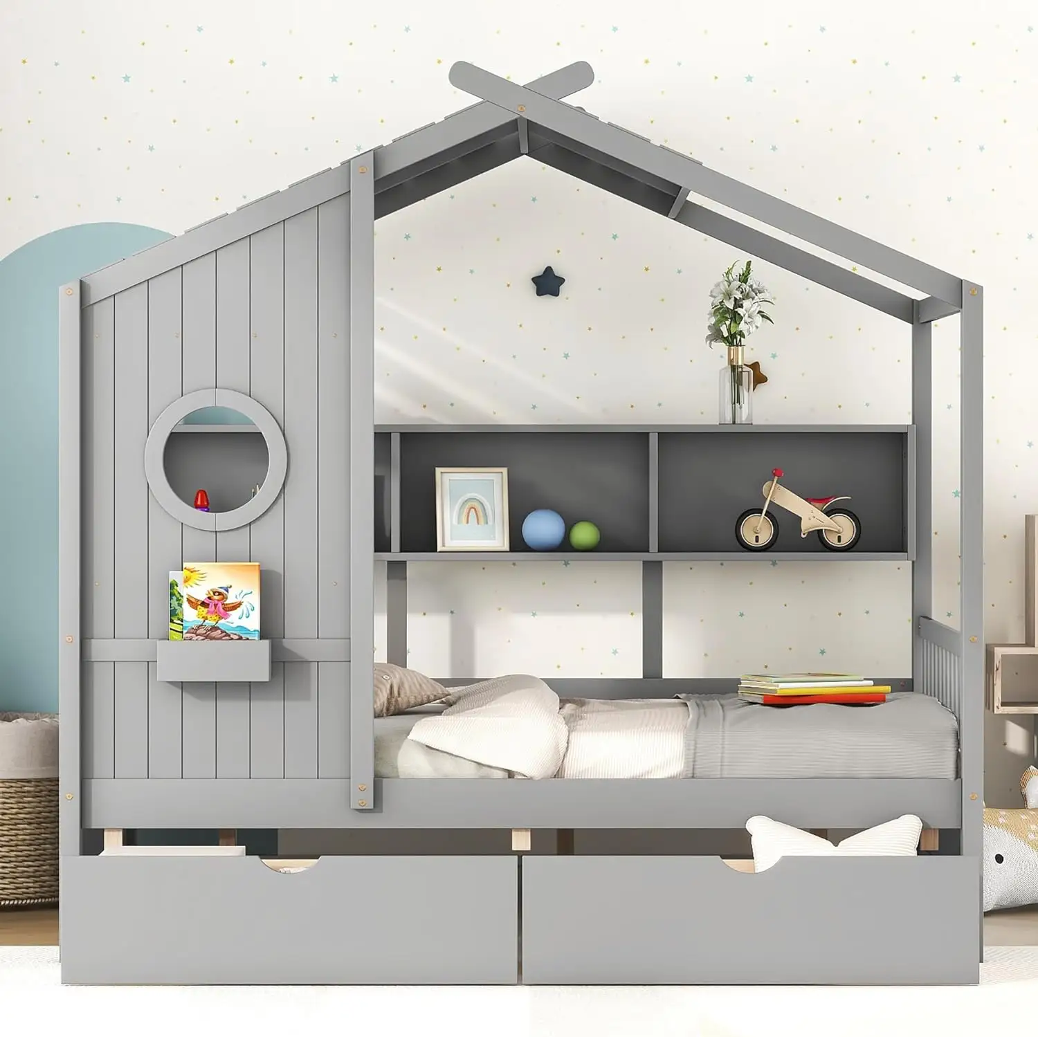 Cama de casa em tamanho real com 2 gavetas, cama infantil com prateleiras, cama de madeira para meninos e meninas, pode ser decorada