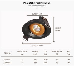 ไฟดาวน์ไลท์ติดเพดานแบบบางพิเศษหรี่แสงได้ LED สปอตไลท์ปรับได้ IP44ไลท์3W - Product Image 5