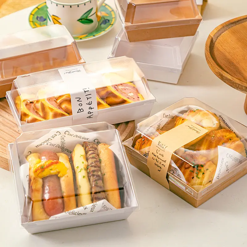 Piknik kutusu tek kullanımlık kek sandviç tatlı ekmek ambalaj şeffaf kapak gıda Take Away Kraft karton