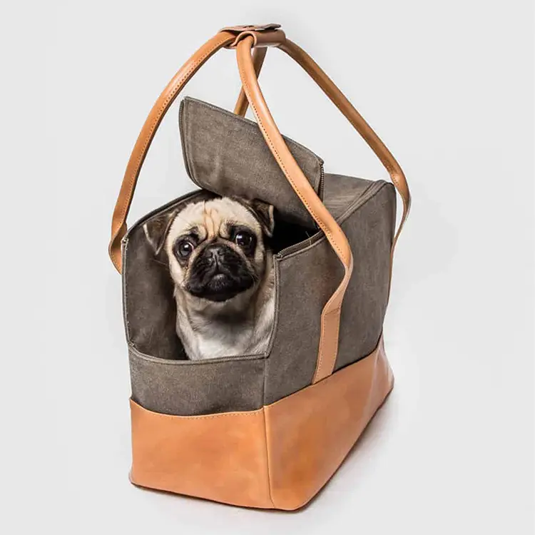 AZB408 Canvas Pet Carrier Dog PU Leather Tote Bag Cat Carrier Cage Travel Bag for Dogs Cats Puppies