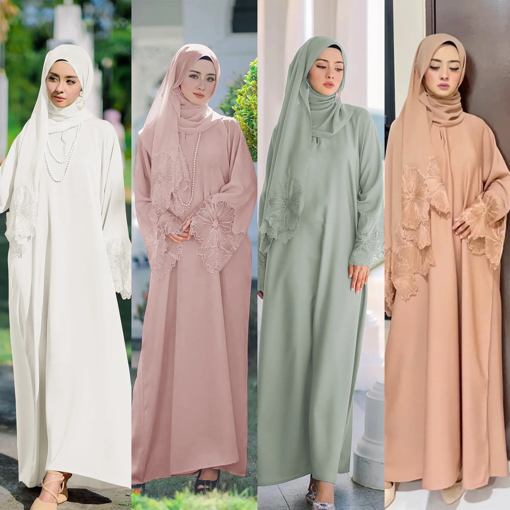 Vente en gros Hijab malais indonésien à manches longues pour filles Eid pour dames Abaya femme Maxi Caftan robes avec foulard
