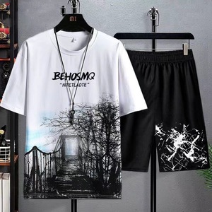 Erkek yazlık T-shirt takım rahat ince baskı spor Jogger kısa kollu üst şort 2 parça abd erkekler bir kıyafet spor 2 adet Set