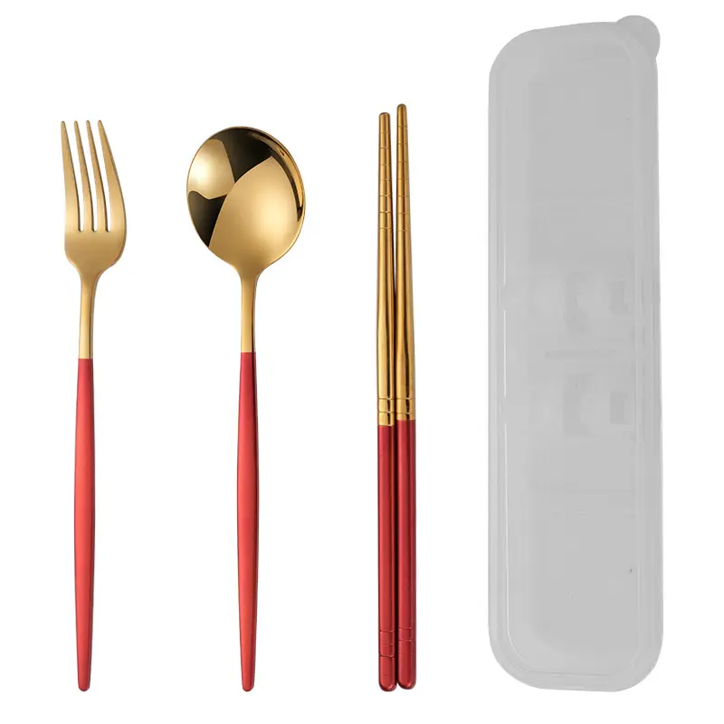 Beli sekarang set sendok garpu baja tahan karat sumpit garpu sendok logam emas 18/10 dapat digunakan kembali untuk Hotel