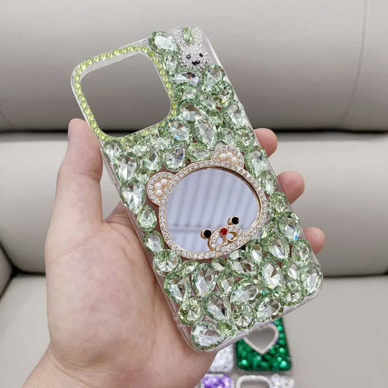 Spiegel Make-Up Glitter Flash Diamant Strass Parels Charmes Tpu Siliconen 3d Voor Meisjes Mobiele Telefoon Hoesjes