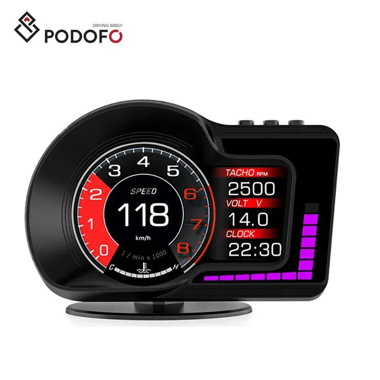 Podofo Car Digital Speedometer OBD2+GPS Head Up Display HUD Overspeed Alarm RPM Water Temperature Pressure Universal