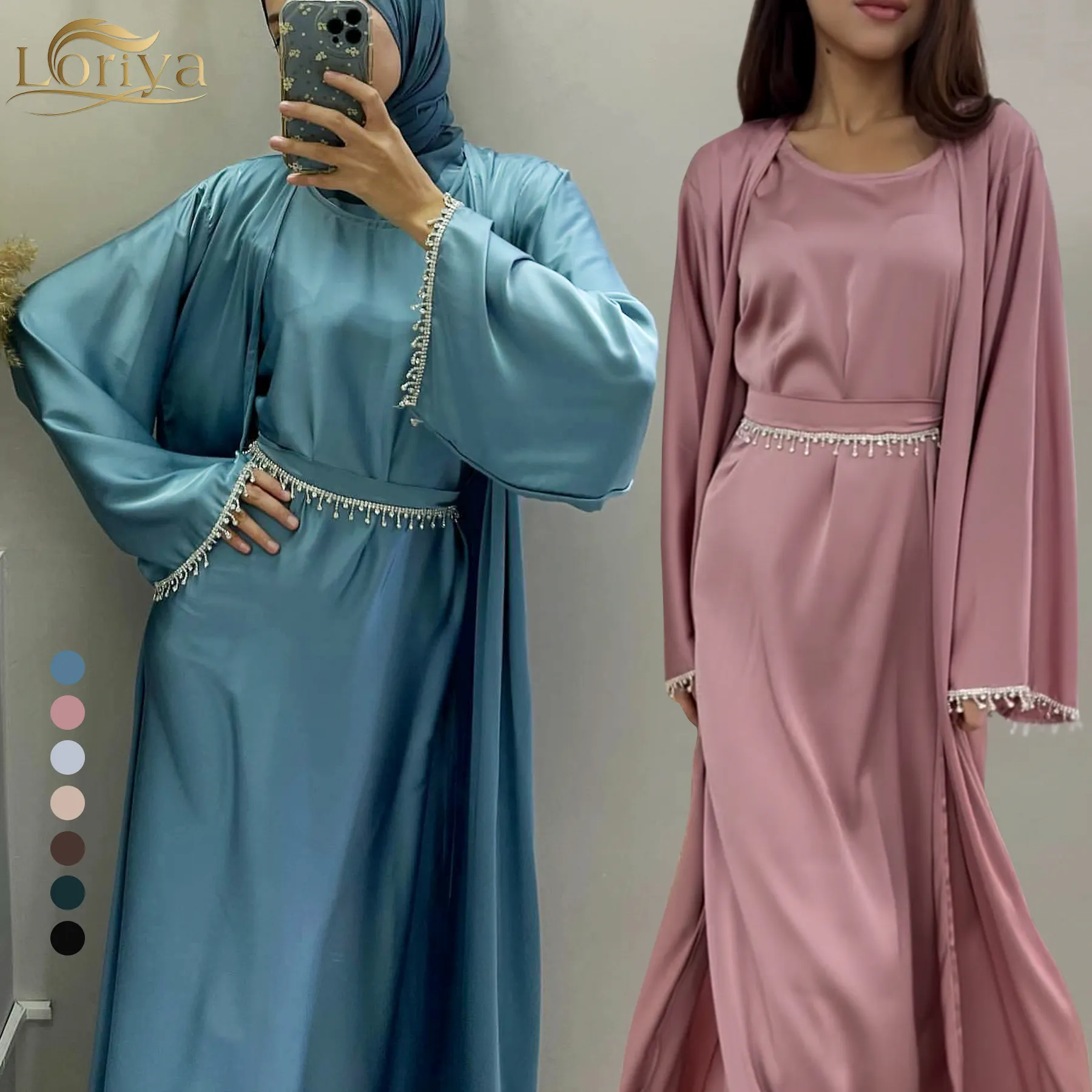 2023 Venda quente Tradicional Vestuário Muçulmano Cetim Luxo Abaya Dubai Diamante 2 Peça Abaya set Mulheres Modest Vestidos