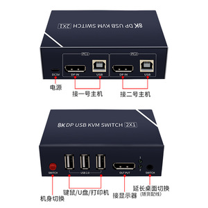 2合1 8K 60Hz DP KVM切换器8K USB KVM切换器，用于2 pcs共享显示器鼠标键盘，带5v金属桌面控制器 - Product Image 5