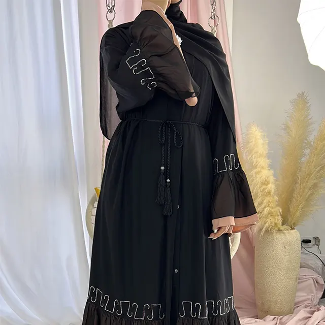 Eid dantel Robe kadınlar katı renk giyim Dubai kadınlar mütevazı siyah Abaya hırka türk Abaya toptan