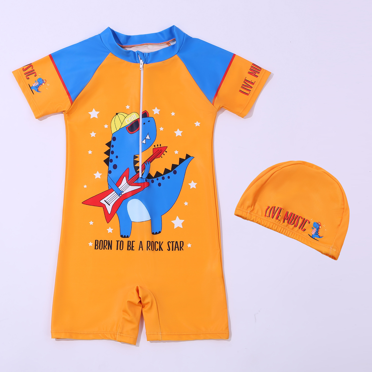 Maillot de bain une pièce jaune motif dinosaure (avec bonnet de bain)