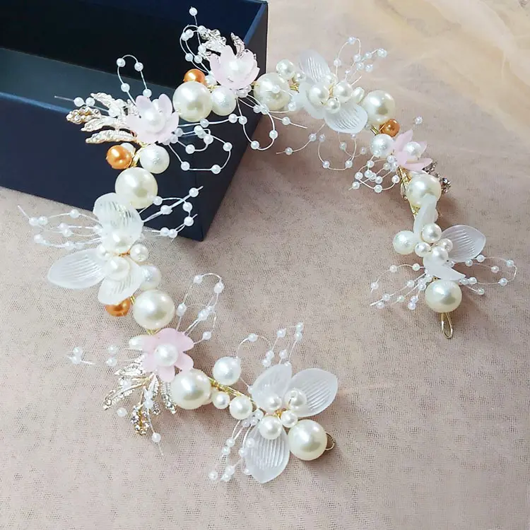 Go Party Fashion Pearl Flower Headband Bridal Wedding Hair Accessories Girls Kids Party Hair Band Tiara Crystal Crown Headpiece