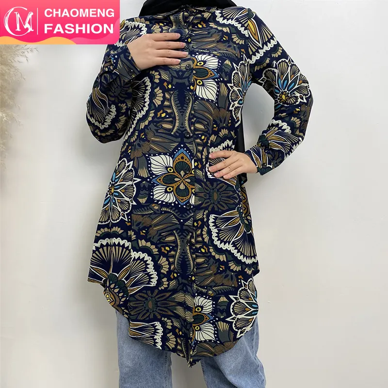 2015 # moda Blusa con estampado Floral manga larga botones camisa blusas Singapur mujeres Maxi camisas vestido para Malasia tejido