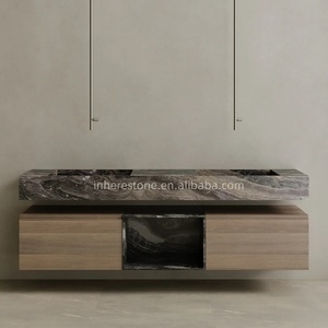 Sicily grigio marmo galleggiante doppio lavello lavabo sovradimensionato mobile da bagno a parete con cassetti in legno - Product Image 5