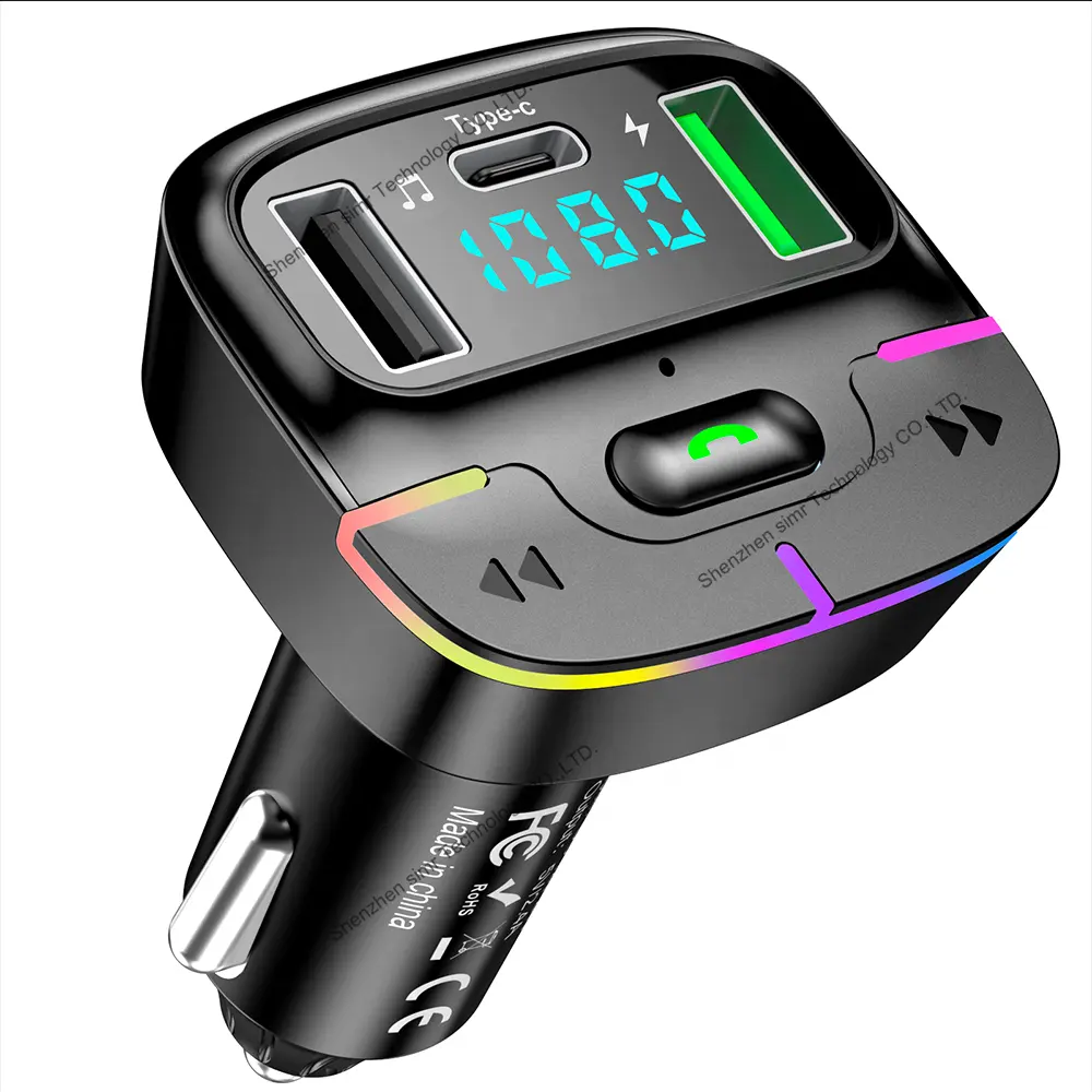 Simr Colorful Car Bluetooth MP3 player Transmisor FM carga de coche dual USB Bluetooth receptor Tipo-c carga kit manos libres de coche