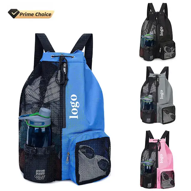 custom foldable mini mesh Backpack Swim beach Bag Mesh Drawstring Backpack with Wet Pocket Beach Backpack for swimming bags