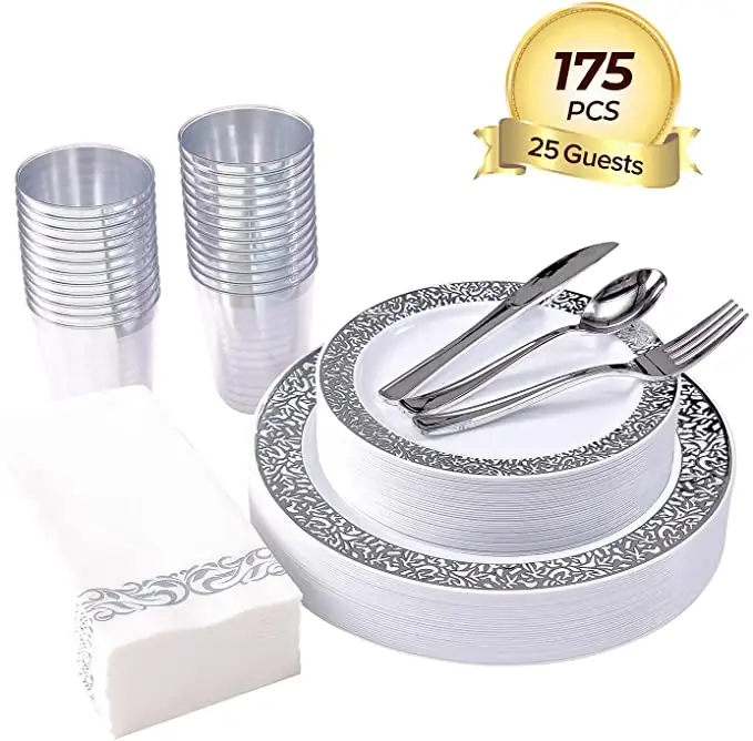 175 Piece Silver Dinnerware Set 25 Guest-50 Silver Lace Plastic Plates-25 Silver Plastic Silverware