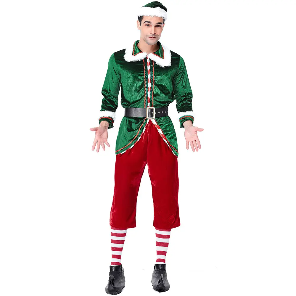 Costume da uomo di babbo natale Green Elf Cosplay Family Christmas Party Fancy Dress Clothes Set