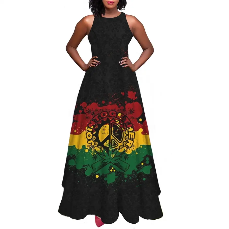 Robe longue jamaïcaine avec logo personnalisable pour femme, impression depuis le maroc, vêtements, longueur maxi, tenue élégante