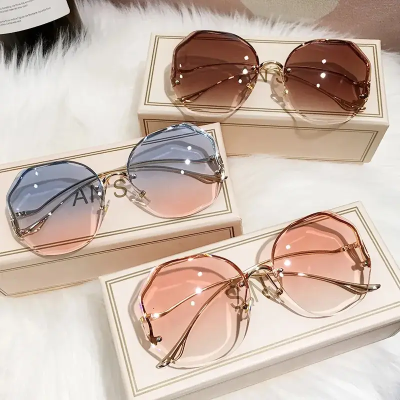 Low price wholesale Custom Logo Women fashion luxury metal frame sunglasses trendy Square Top classic Rimless UV400 Sunglasses
