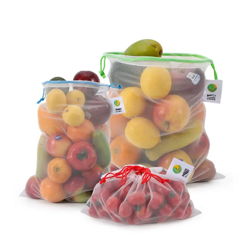 100% RPET環境にやさしい洗える収納バッグ果物野菜食品ショッピング食料品巾着ネットメッシュ再利用可能なRPET農産物バッグ