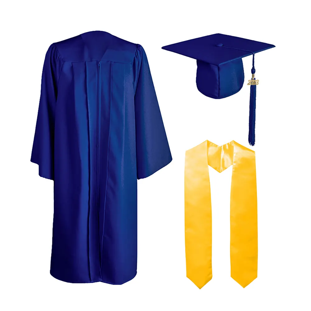 Gorro y vestido de graduación azul real de Universidad mate personalizado con encanto de año