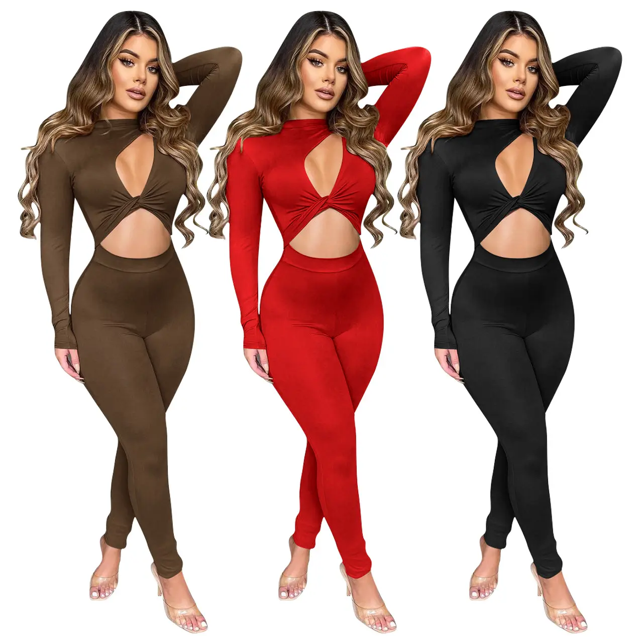 M026 Good stretchy hollow cut out long sleeve one piece rompers 2022 women jumpsuit plus size jumpsuits