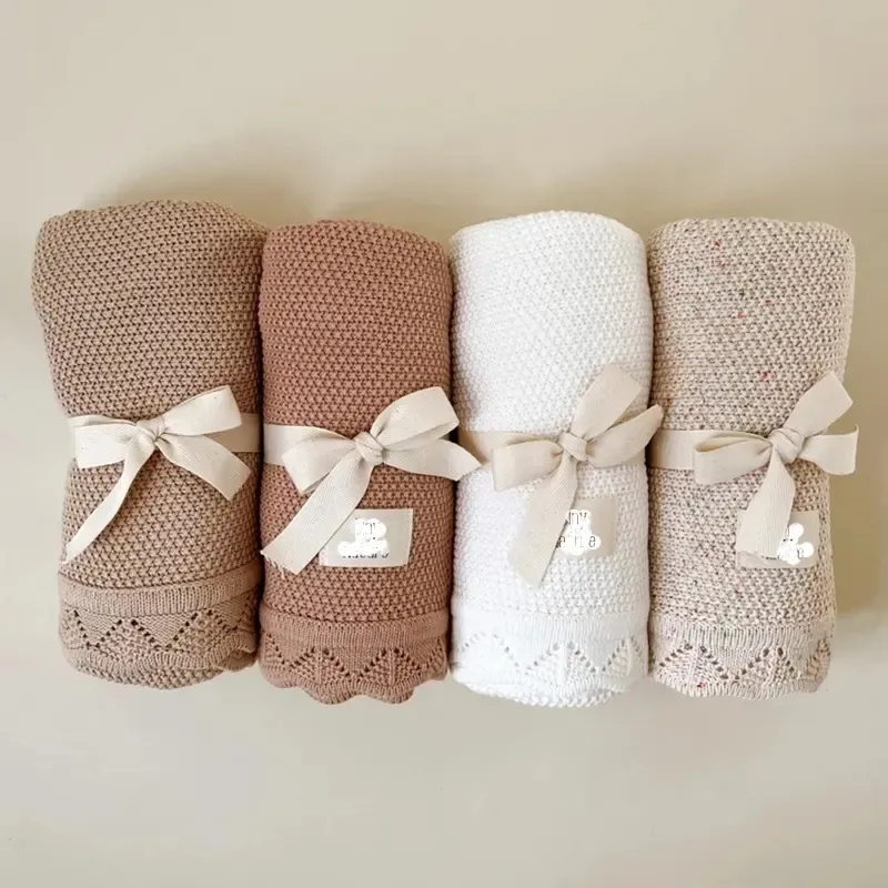 100% Cotton Plain Knit Baby Handmade Crochet Edge Blanket Swaddle for Baby Kids