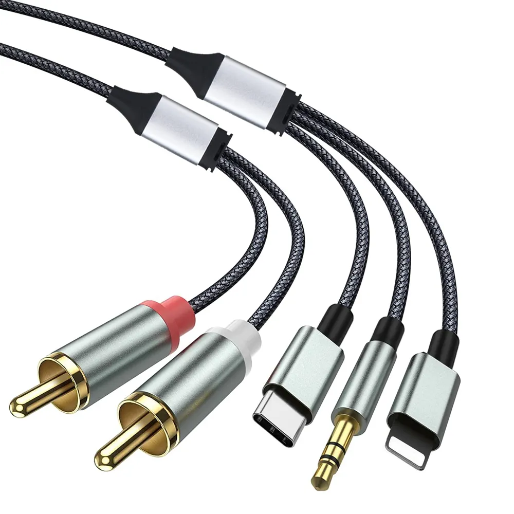 Cable adaptador auxiliar de Audio de 8 pines a RCA, Cable de Audio USB C a 2 RCA para amplificador de potencia, bolsa de plástico de PVC dorado para cine en casa y coche