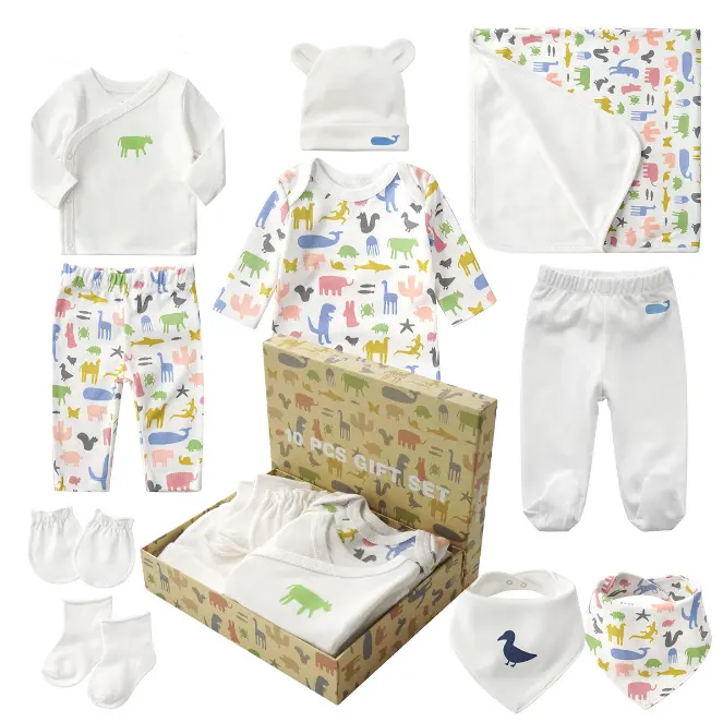 100% cotone organico set regalo bambino appena nato abbigliamento 10 pcs lavorato a maglia commercio all'ingrosso di usura di colore bianco e colorato stampe su misura