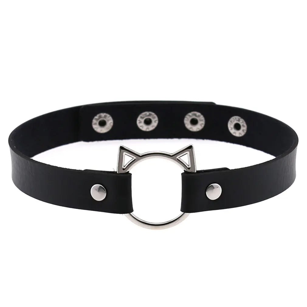 Gargantilla de cuero gótica Punk para mujer, colgante de plata con forma de gato, joyería, Collar con hebilla de remache