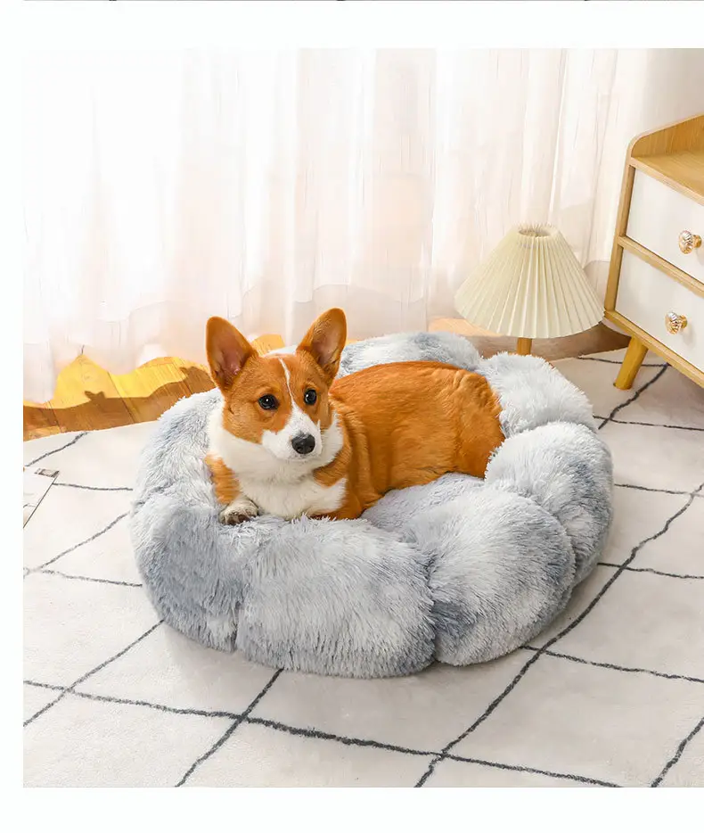 Tempat tidur hewan peliharaan kustom bentuk kelopak menenangkan boneka tempat tidur hewan peliharaan donat hangat Sofa tempat tidur anjing kreatif