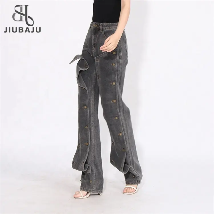 Patchwork bouton mode jean ample pour femmes taille haute poches épissées Streetwear décontracté droit Denim pantalon