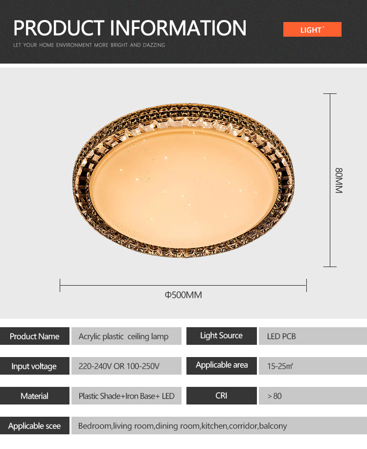 Long Term Use Acrylic Plastic Shade 6W 12W 24W 36W 60W Decorative LED Ceiling Light