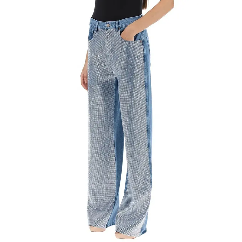 OUDINA American Hot Girl Estilo Reta Brilhante Diamante Calças Design Novo Jeans Indústria Pesada Para As Mulheres