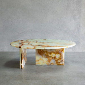 SH STONE Luxury Living Room Furniture Set Modern Round Tea &amp; Coffee Table with T-Frame Light Green Onyx <strong>Marble</strong> Unique Design - Product Image 2