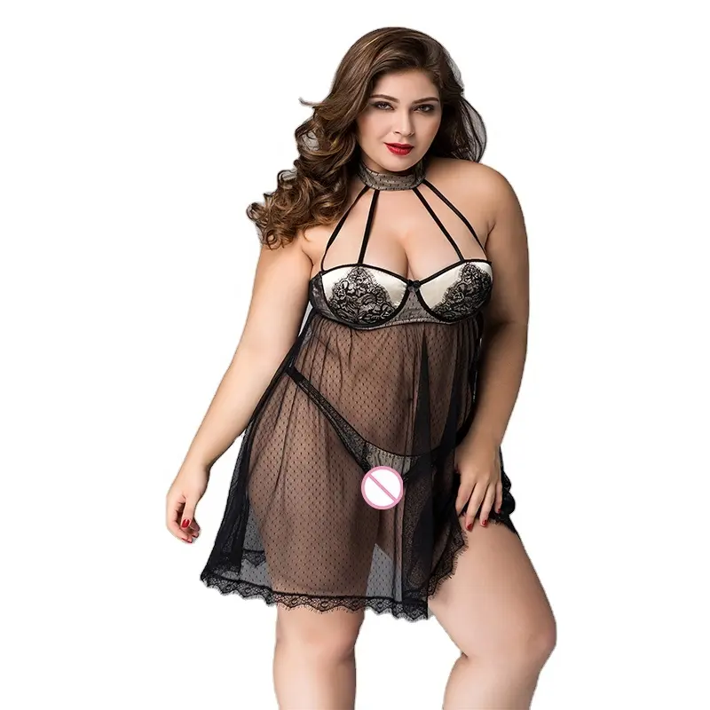 Babydoll Sexy & Vestido Plus Size 2Xl 3Xl Preto Transparente T-Back Vestido Biquíni P71125